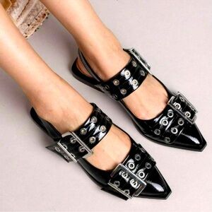 New Womens Black Buckle Pointed Toe Mary Jane Ballet Flats